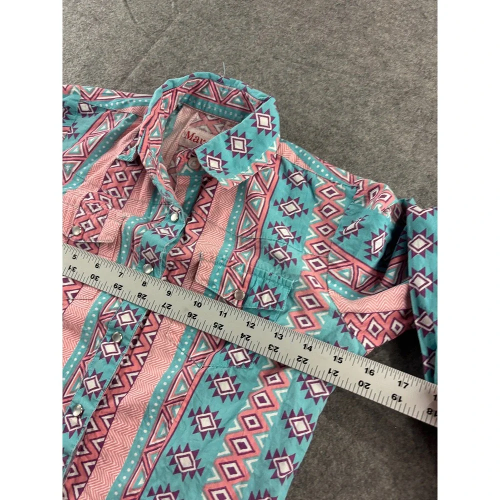 May Lillie Girls M Western Pearl Snap Shirt Pink Turquoise Southwestern Cotton